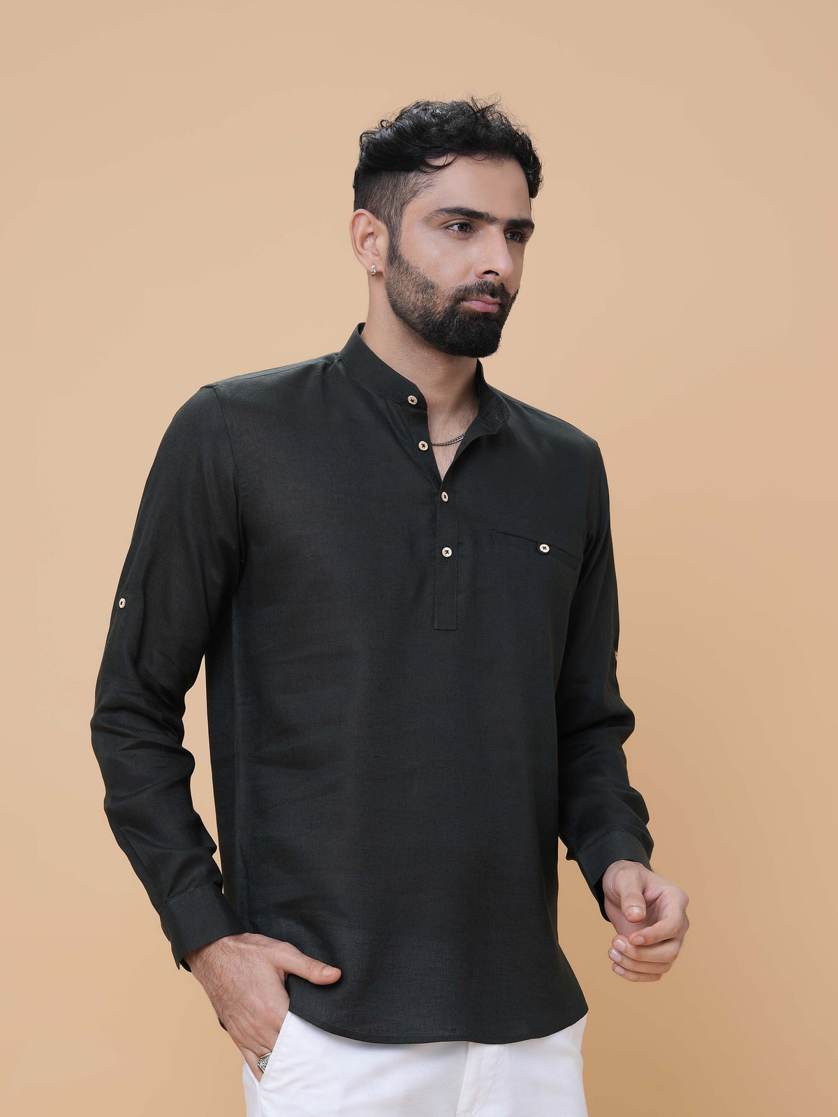 Bottle Green Linen Plain Short Kurta