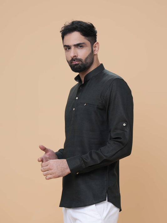 Bottle Green Linen Short Kurta