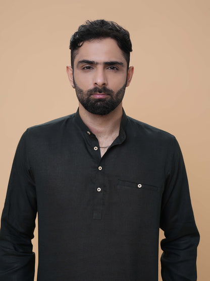 Bottle Green Linen Plain Short Kurta