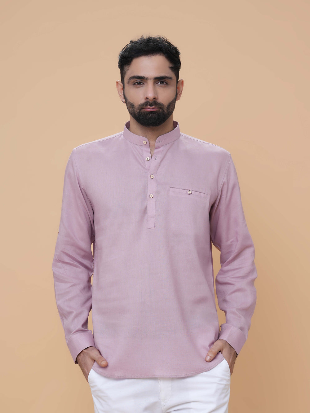 Onion Pink Linen Plain Short Kurta