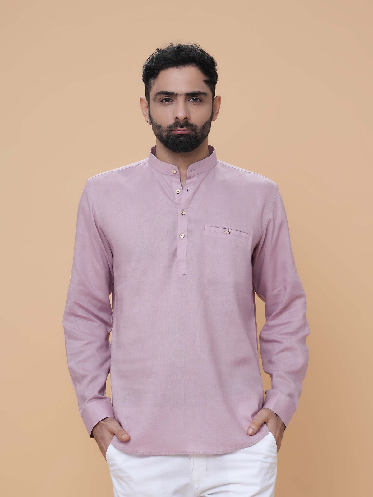 Onion Pink Linen Plain Short Kurta