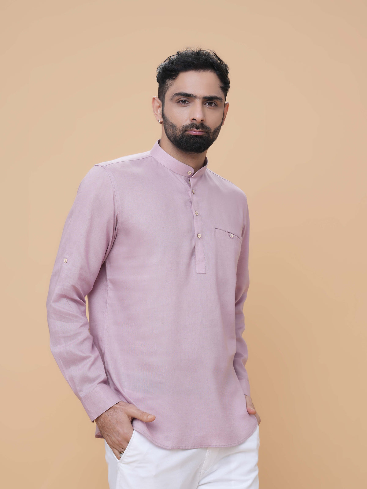 Onion Pink Linen Plain Short Kurta