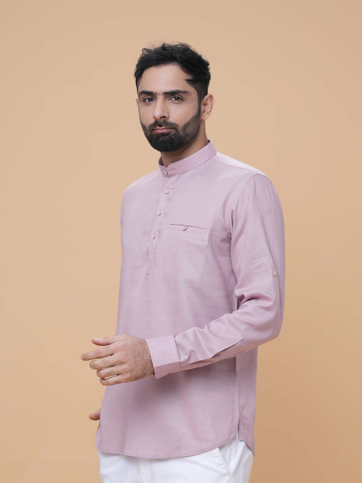 Onion Pink Linen Plain Short Kurta