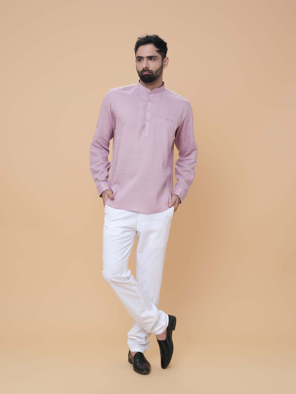 Onion Pink Linen Plain Short Kurta