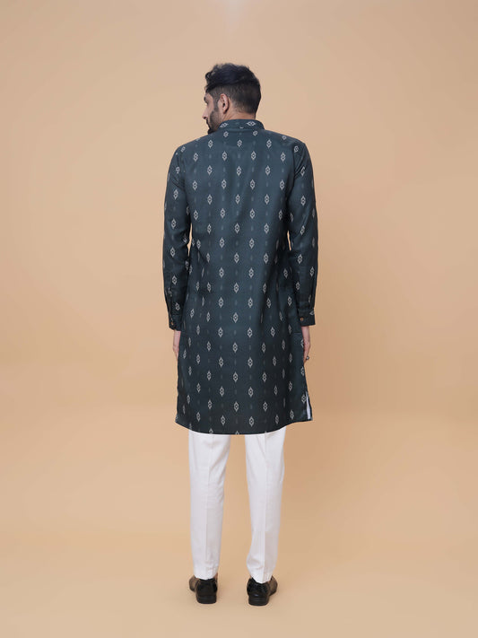 Bottle Green Linen Cotton Printed Kurta Pyjama