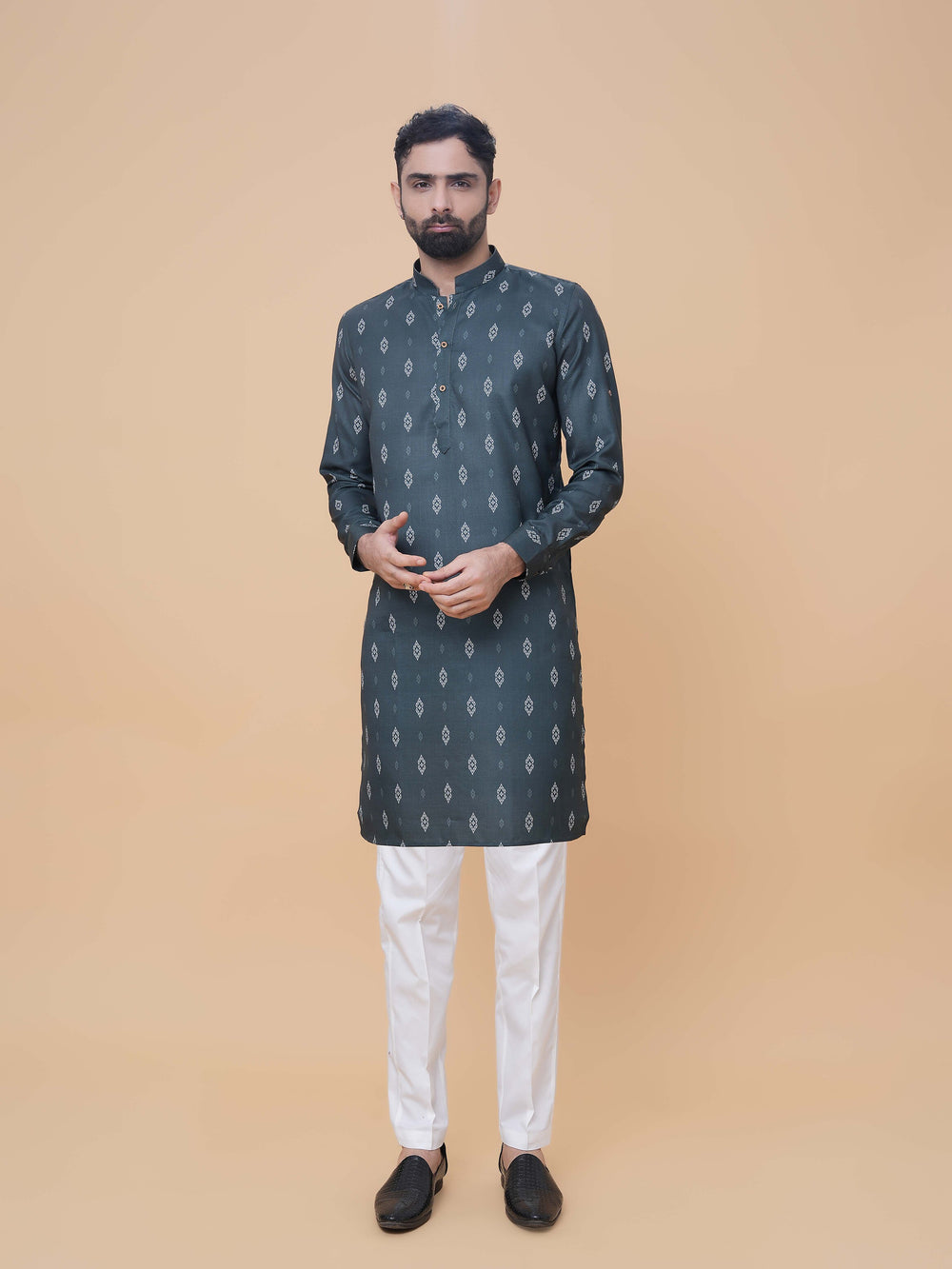 Bottle Green Linen Cotton Printed Kurta Pyjama