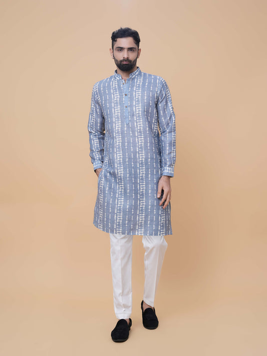 Sky Blue Linen Cotton Printed Kurta Pyjama