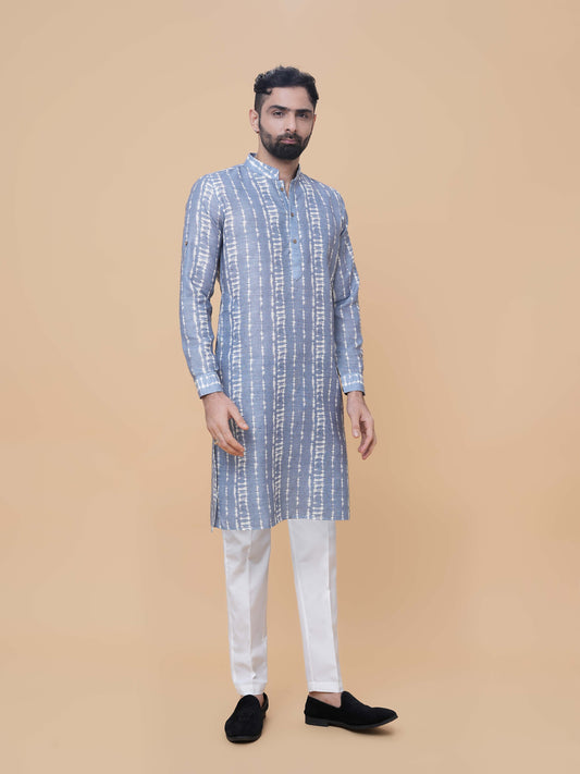 Sky Blue Linen Cotton Printed Kurta Pyjama
