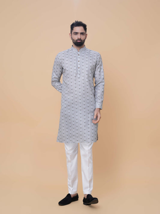 Pista Green Linen Cotton Printed Kurta Pyjama