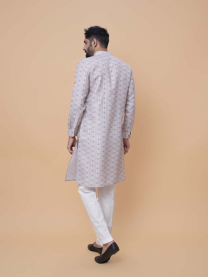 Beige Linen Cotton Printed Kurta Pyjama
