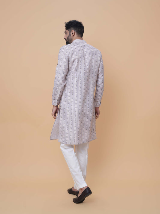 Beige Linen Cotton Printed Kurta Pyjama