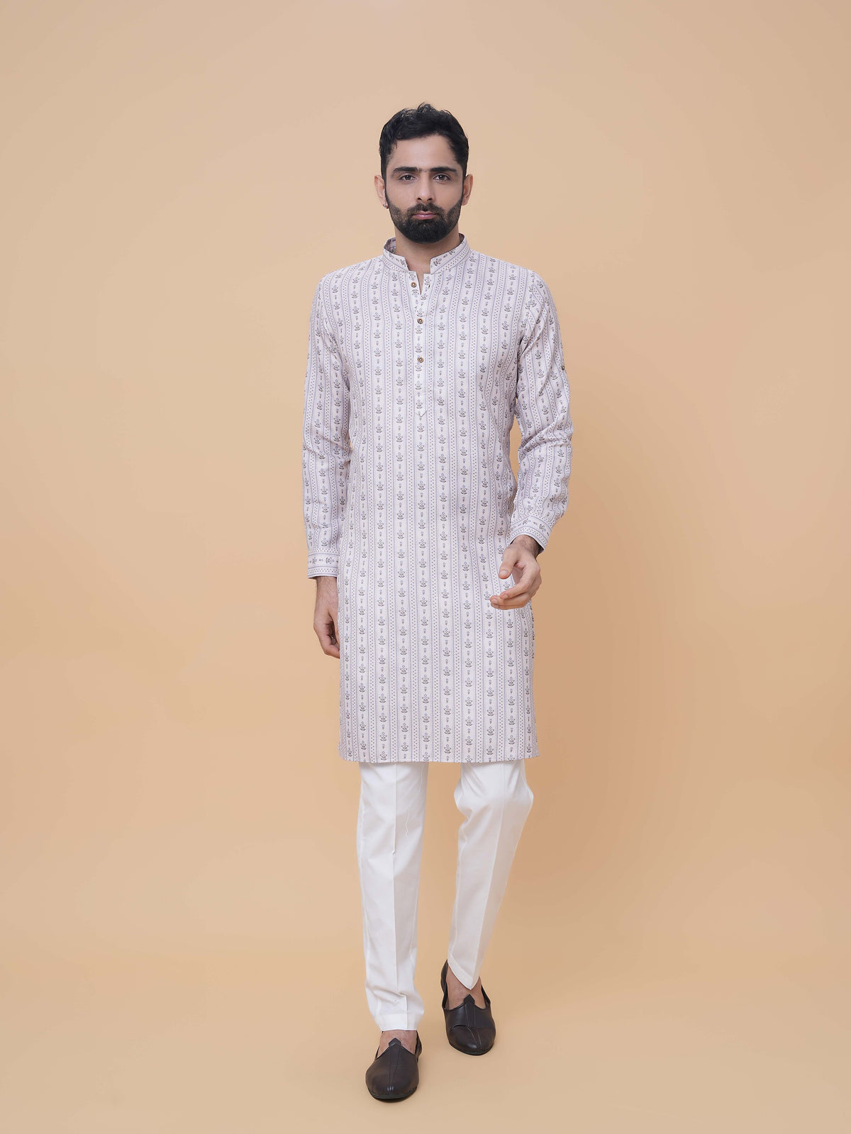 Beige Linen Cotton Printed Kurta Pyjama