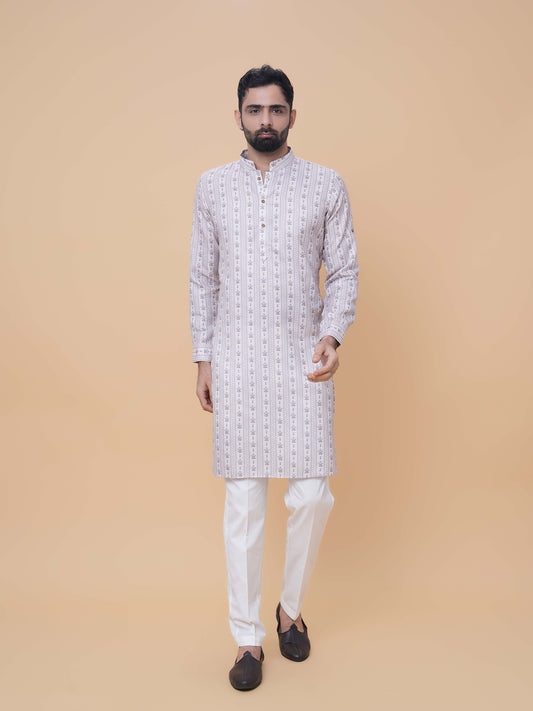Beige Linen Cotton Printed Kurta Pyjama