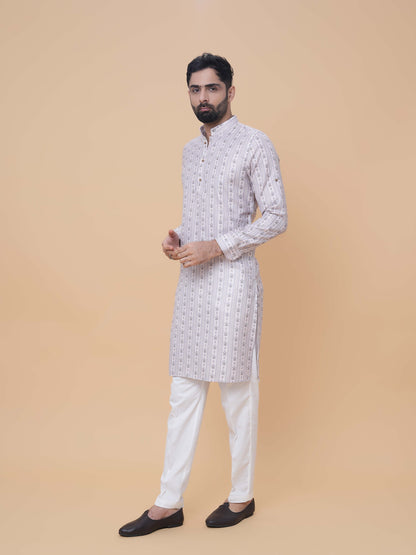 Beige Linen Cotton Printed Kurta Pyjama