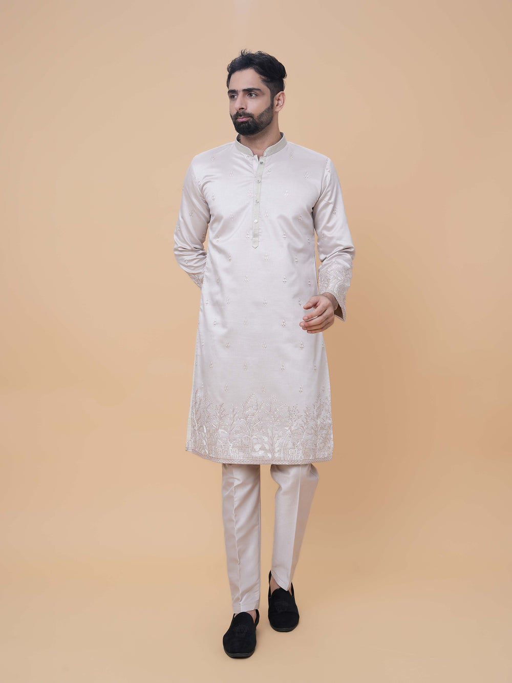 Light Gray Art Silk Daman Embroidery Kurta Pyjama with All over Buta
