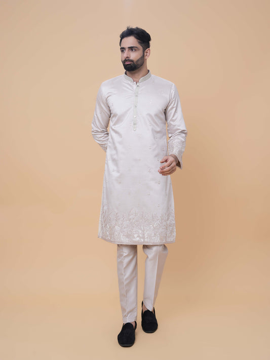 Light Gray Art Silk Daman Embroidery Kurta Pyjama with All over Buta