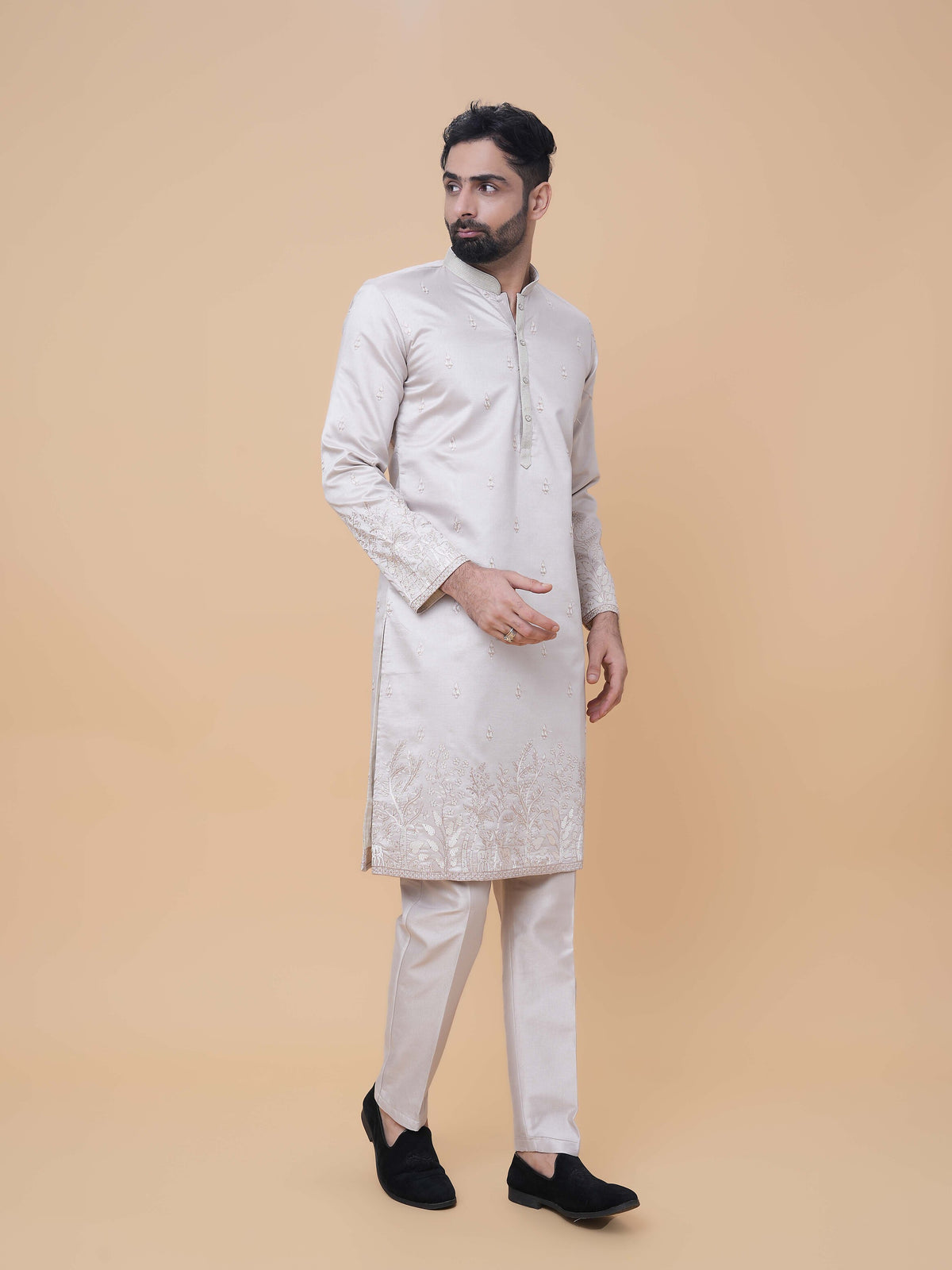Light Gray Art Silk Daman Embroidery Kurta Pyjama with All over Buta