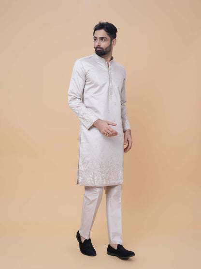 Light Gray Art Silk Daman Embroidery Kurta Pyjama with All over Buta