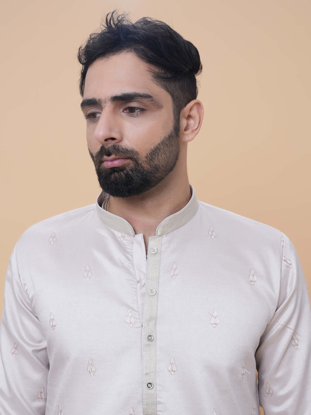 Light Gray Art Silk Daman Embroidery Kurta Pyjama with All over Buta