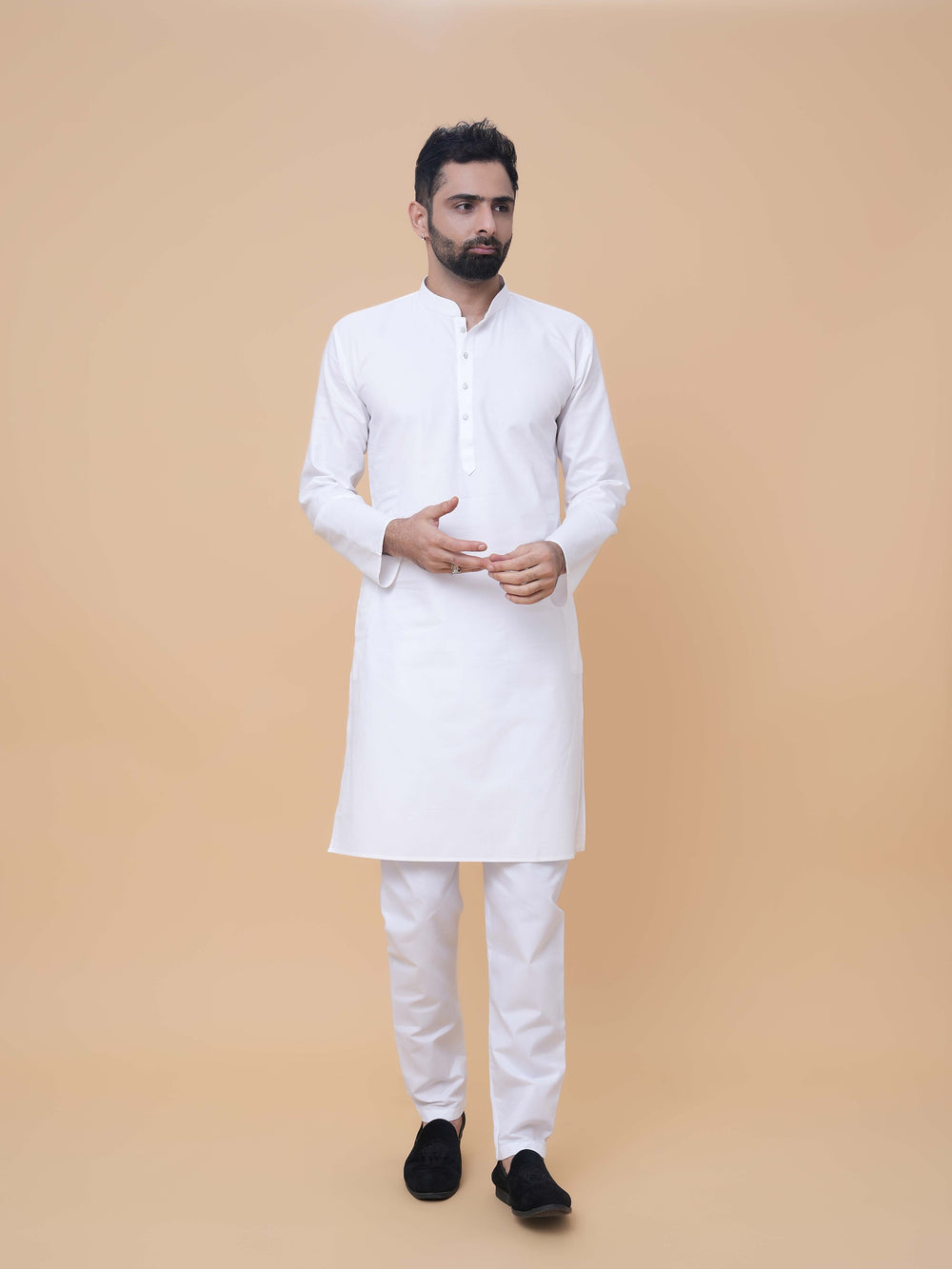 White Pure Cotton Self Jaquard Kurta Pyjama