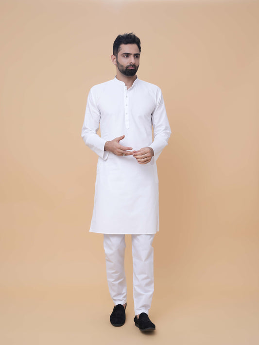 White Pure Cotton Self Jaquard Kurta Pyjama