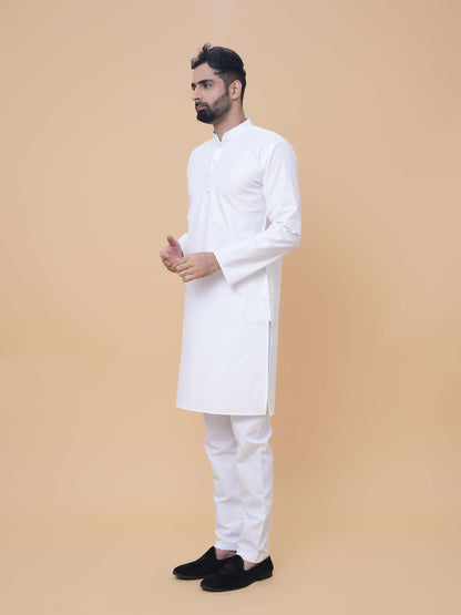 White Pure Cotton Self Jaquard Kurta Pyjama