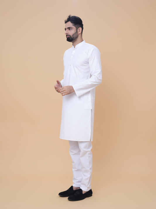 White Pure Cotton Self Jaquard Kurta Pyjama