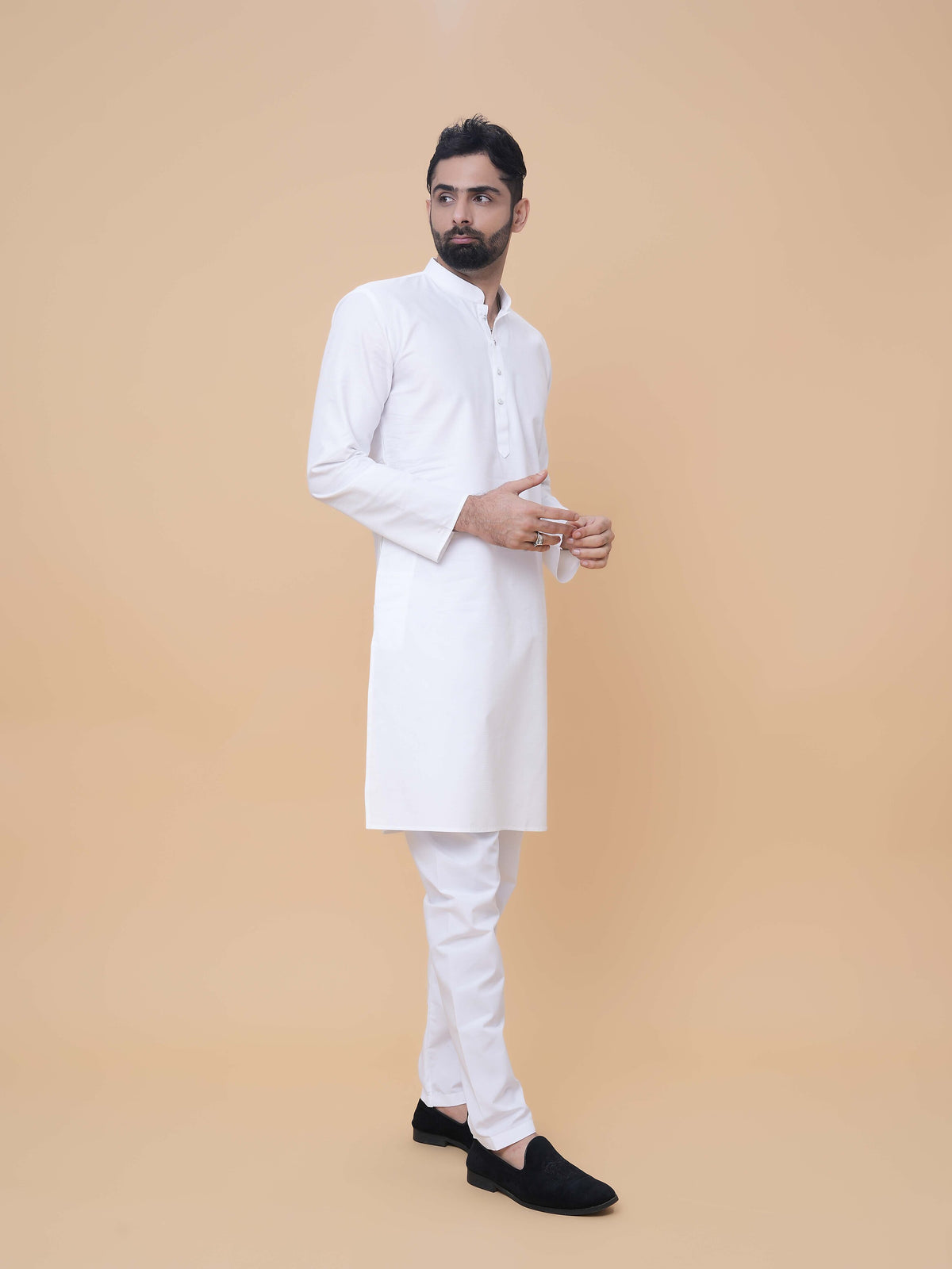 White Pure Cotton Self Jaquard Kurta Pyjama