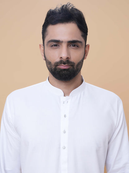 White Pure Cotton Self Jaquard Kurta Pyjama