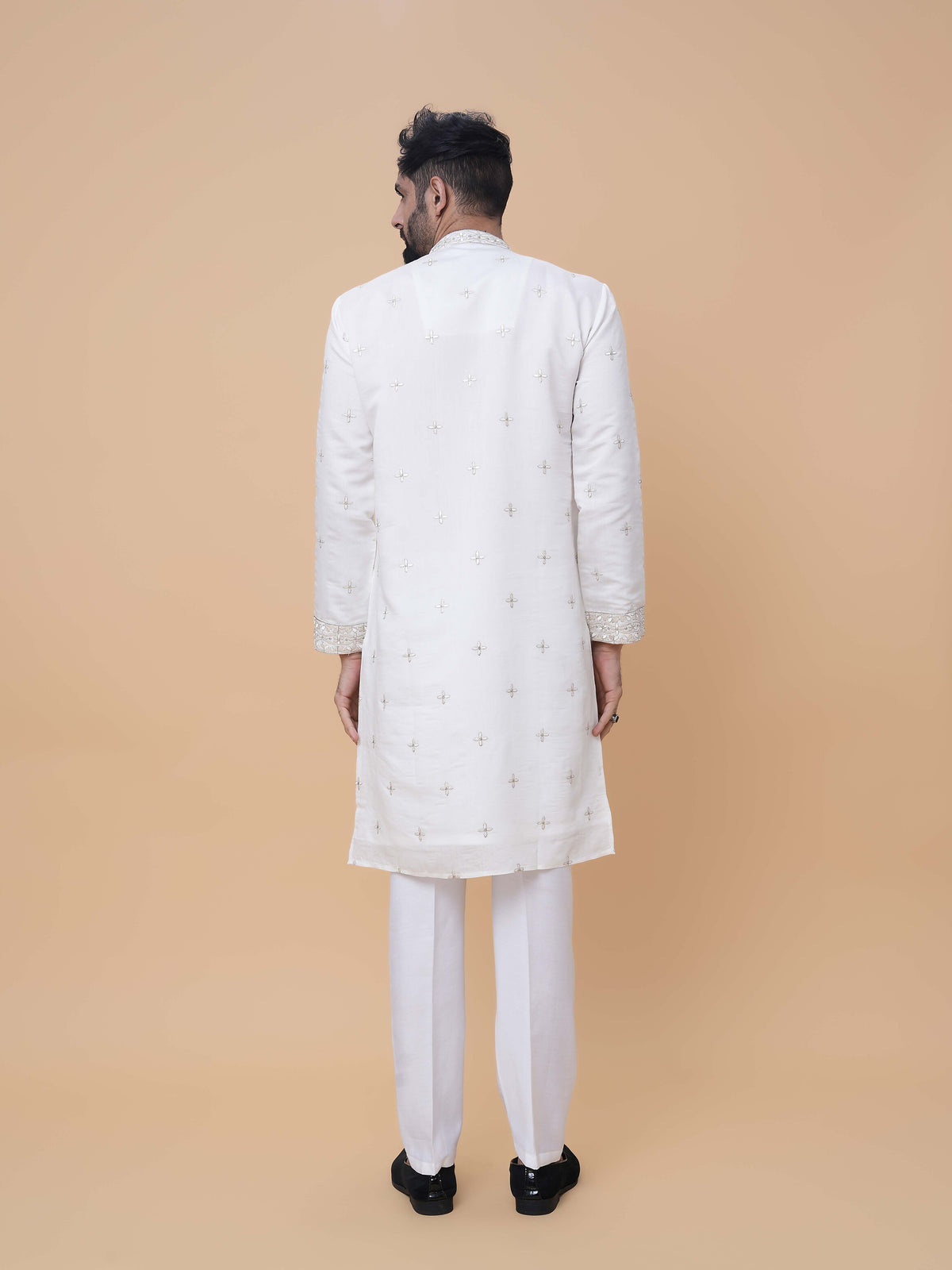 Off-White Art Silk Daman Embroidery Kurta Pyjama with All over Buta