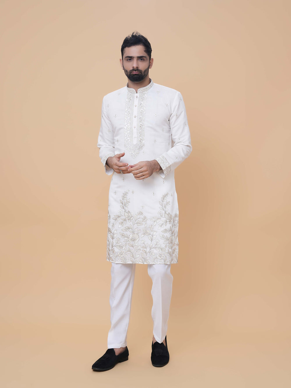 Off-White Art Silk Daman Embroidery Kurta Pyjama with All over Buta