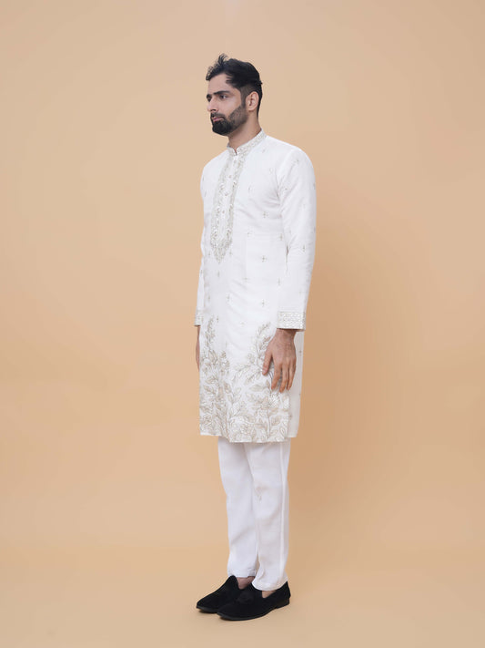 Off-White Art Silk Daman Embroidery Kurta Pyjama with All over Buta