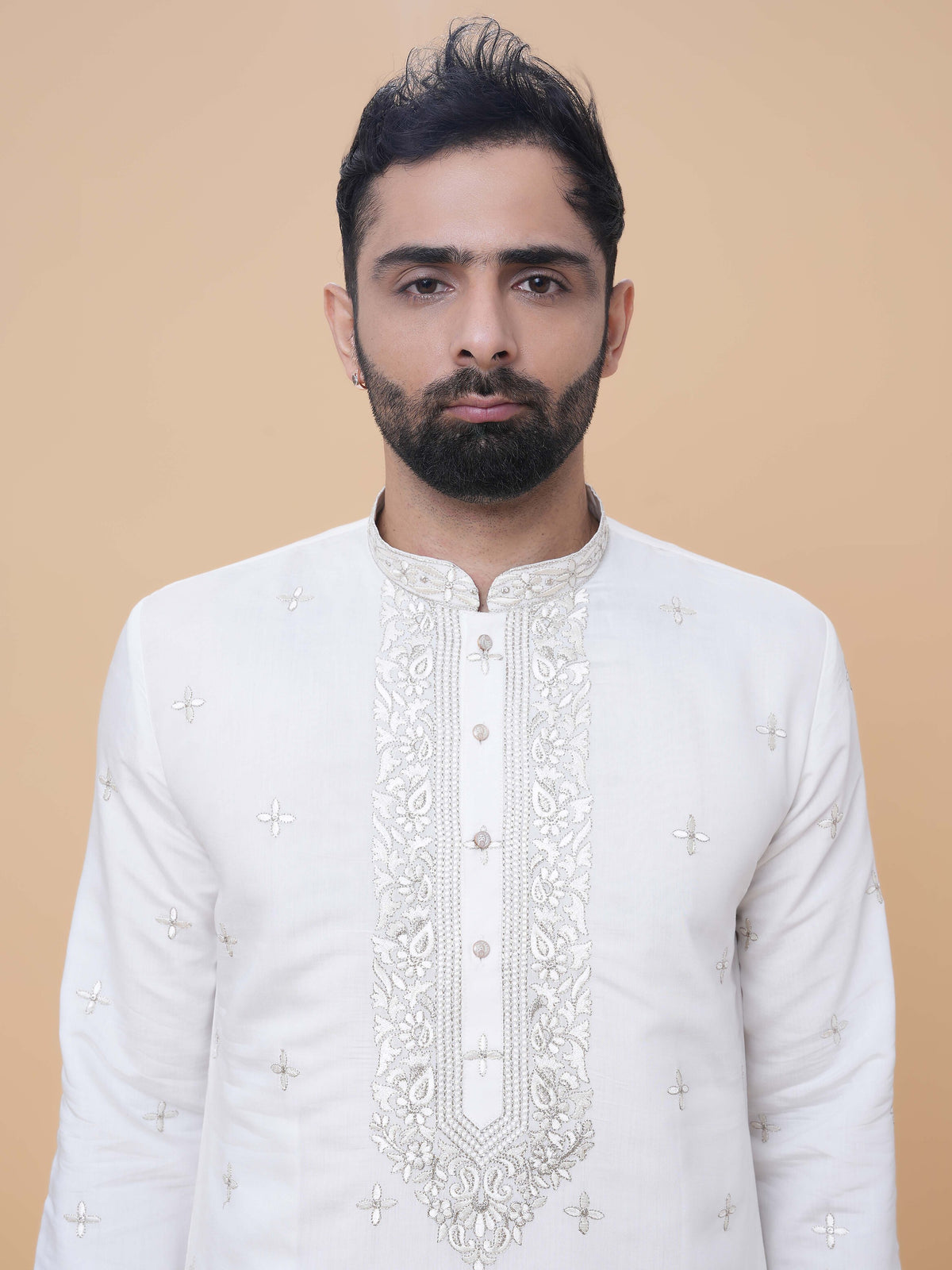 Off-White Art Silk Daman Embroidery Kurta Pyjama with All over Buta