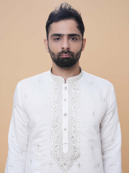 Off-White Art Silk Daman Embroidery Kurta Pyjama with All over Buta