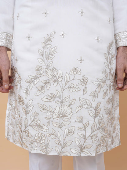 Off-White Art Silk Daman Embroidery Kurta Pyjama with All over Buta
