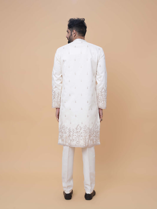 Cream Art Silk Daman Embroidery Kurta Pyjama with All over Buta