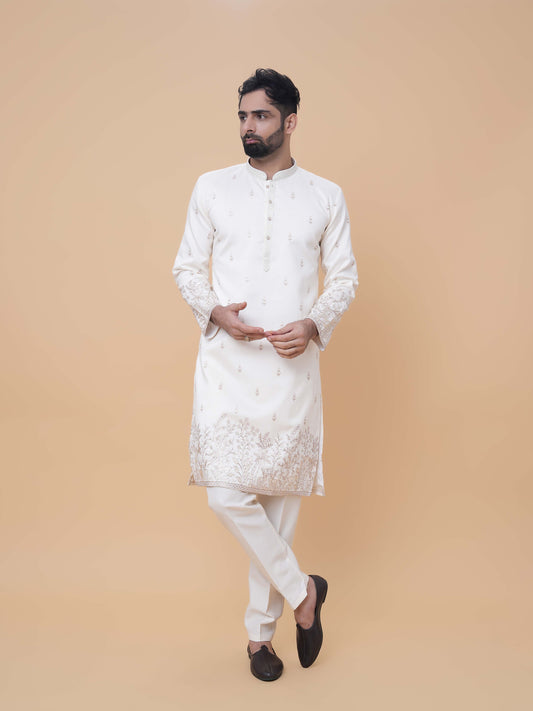 Cream Art Silk Daman Embroidery Kurta Pyjama with All over Buta