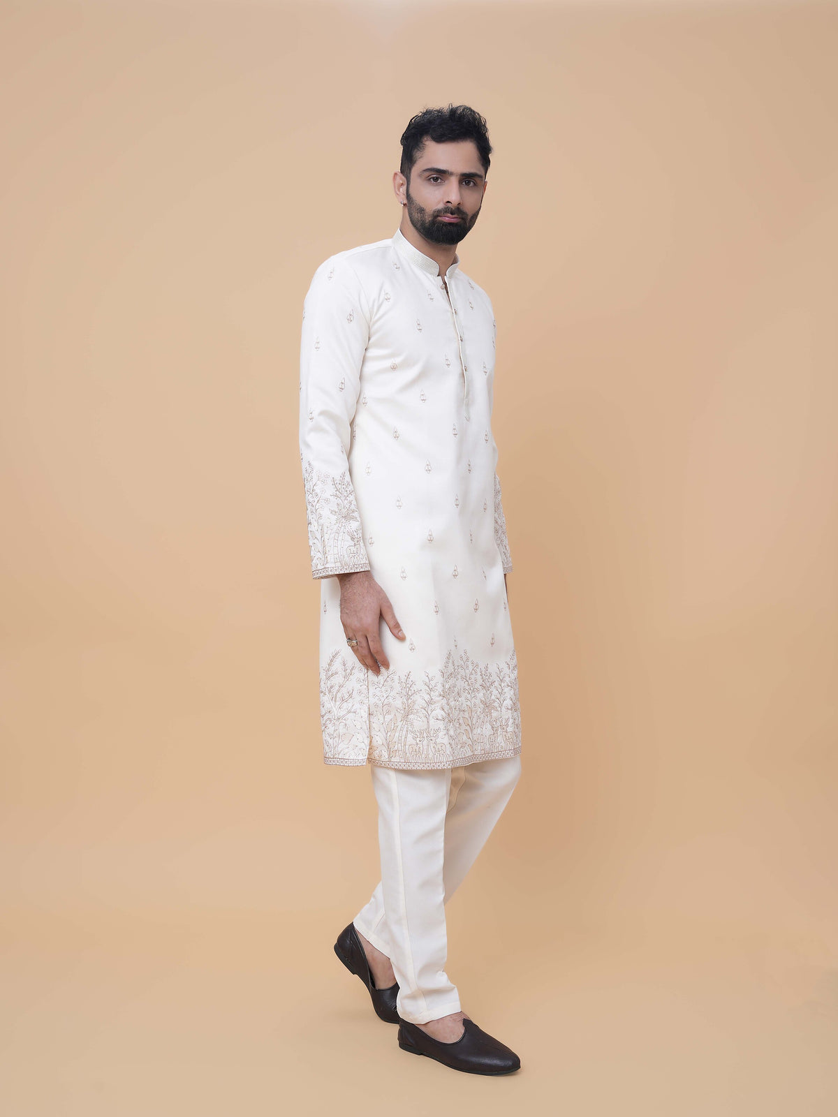 Cream Art Silk Daman Embroidery Kurta Pyjama with All over Buta