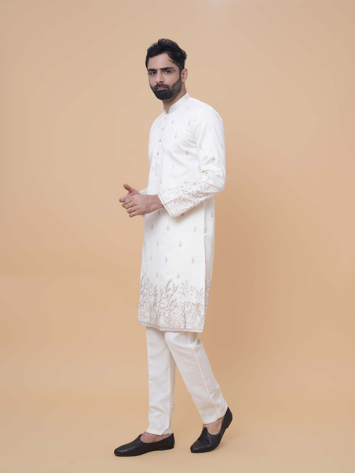 Cream Art Silk Daman Embroidery Kurta Pyjama with All over Buta