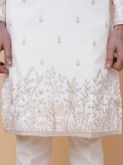 Cream Art Silk Daman Embroidery Kurta Pyjama with All over Buta