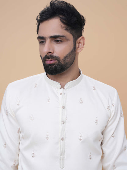 Cream Art Silk Daman Embroidery Kurta Pyjama with All over Buta