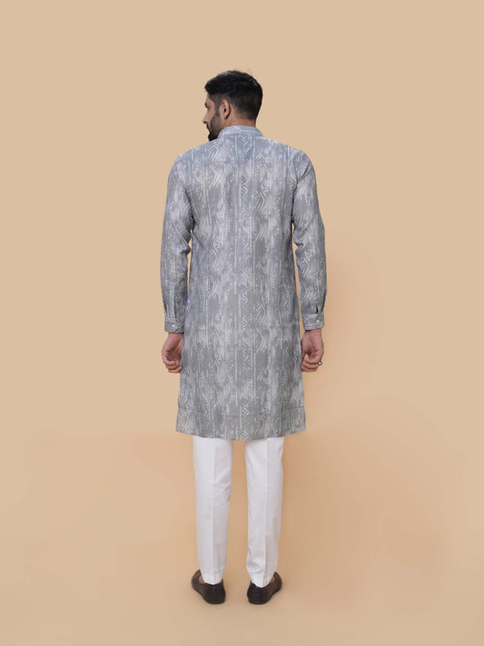 Light Gray Linen Cotton Printed Kurta Pyjama