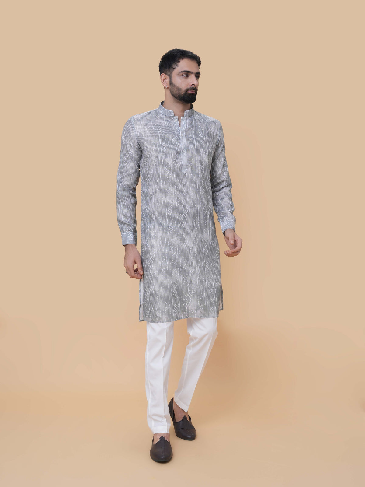 Light Gray Linen Cotton Printed Kurta Pyjama