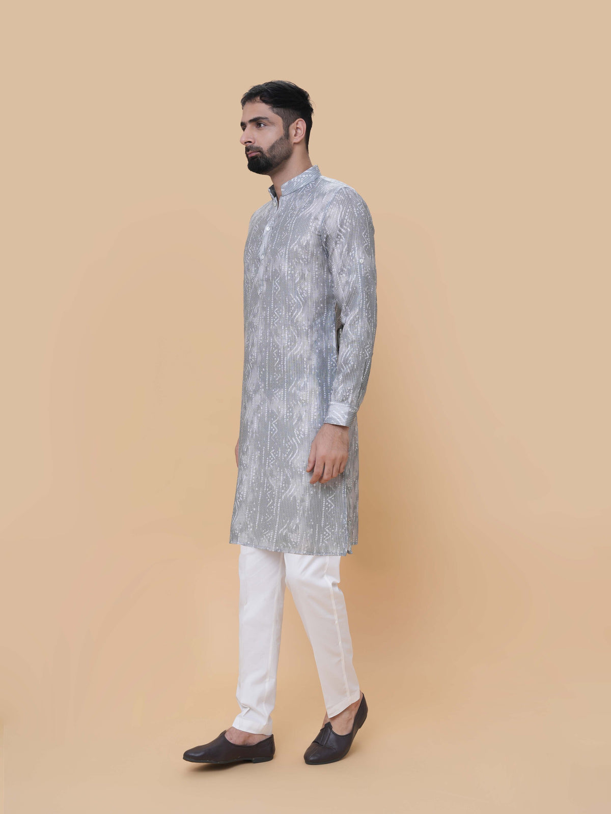 Light Gray Linen Cotton Printed Kurta Pyjama