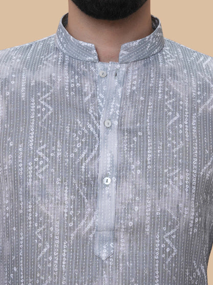Light Gray Linen Cotton Printed Kurta Pyjama