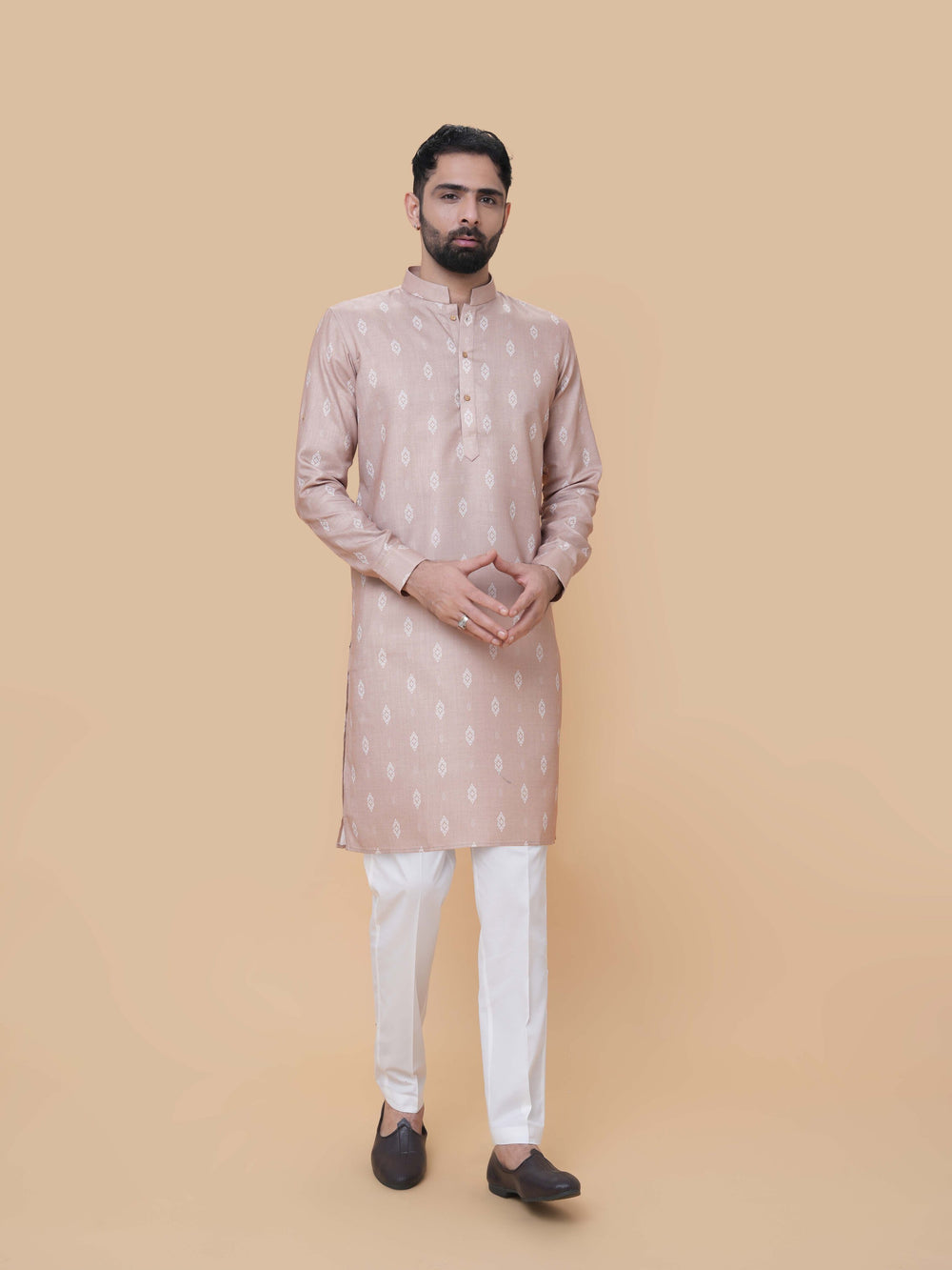 Fawn Linen Cotton Printed Kurta Pyjama