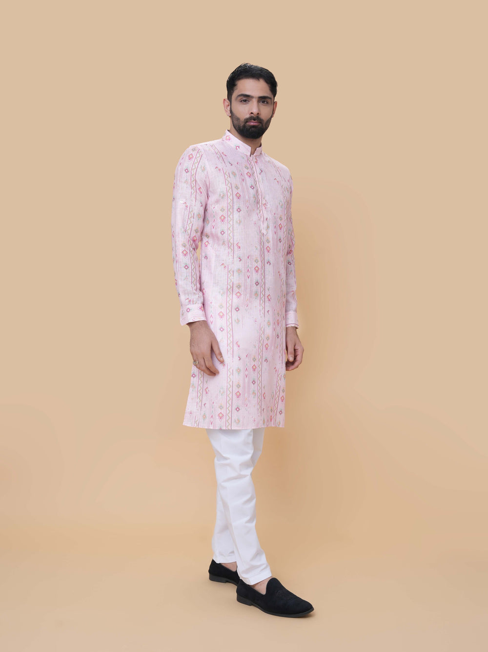 Baby Pink Linen Cotton Printed Kurta Pyjama