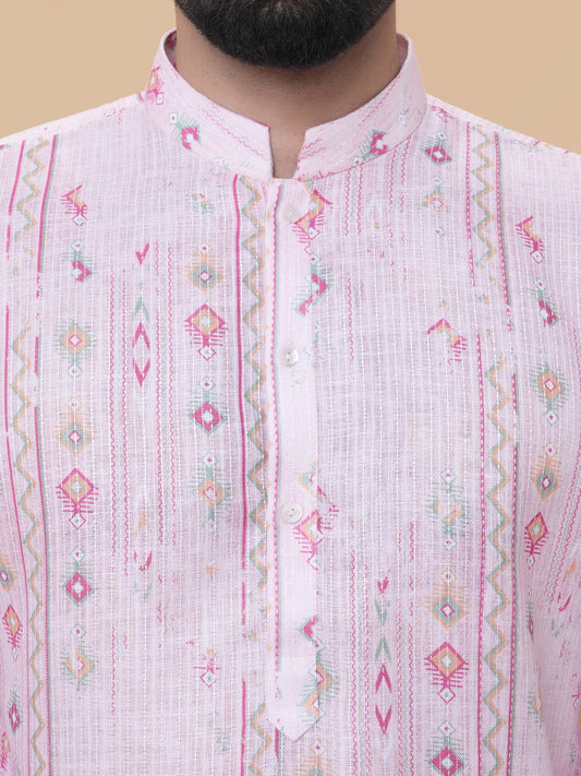 Baby Pink Linen Cotton Printed Kurta Pyjama