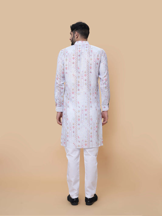 Light Gray Linen Cotton Printed Kurta Pyjama