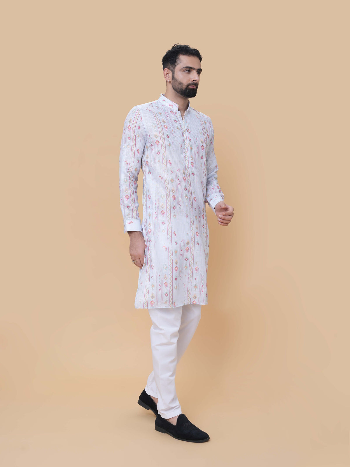 Light Gray Linen Cotton Printed Kurta Pyjama